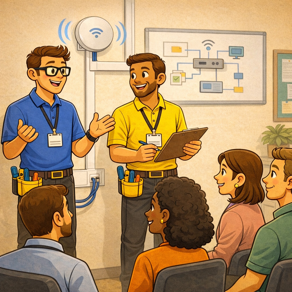 Techncians presenting wifi to teachers