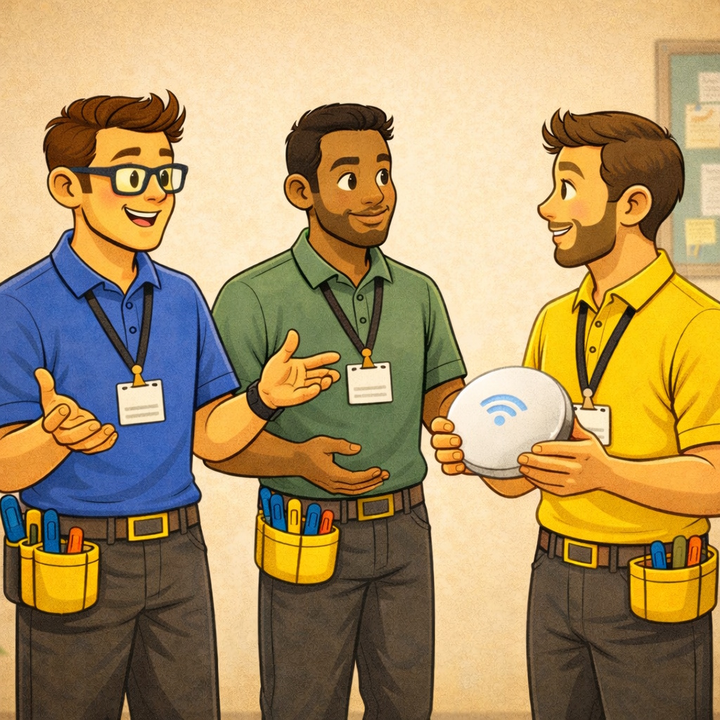 Three technicians discussing wifi