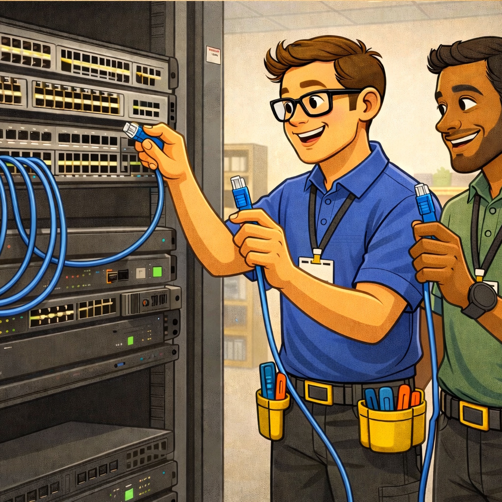 Technicians patching in cables to a switch