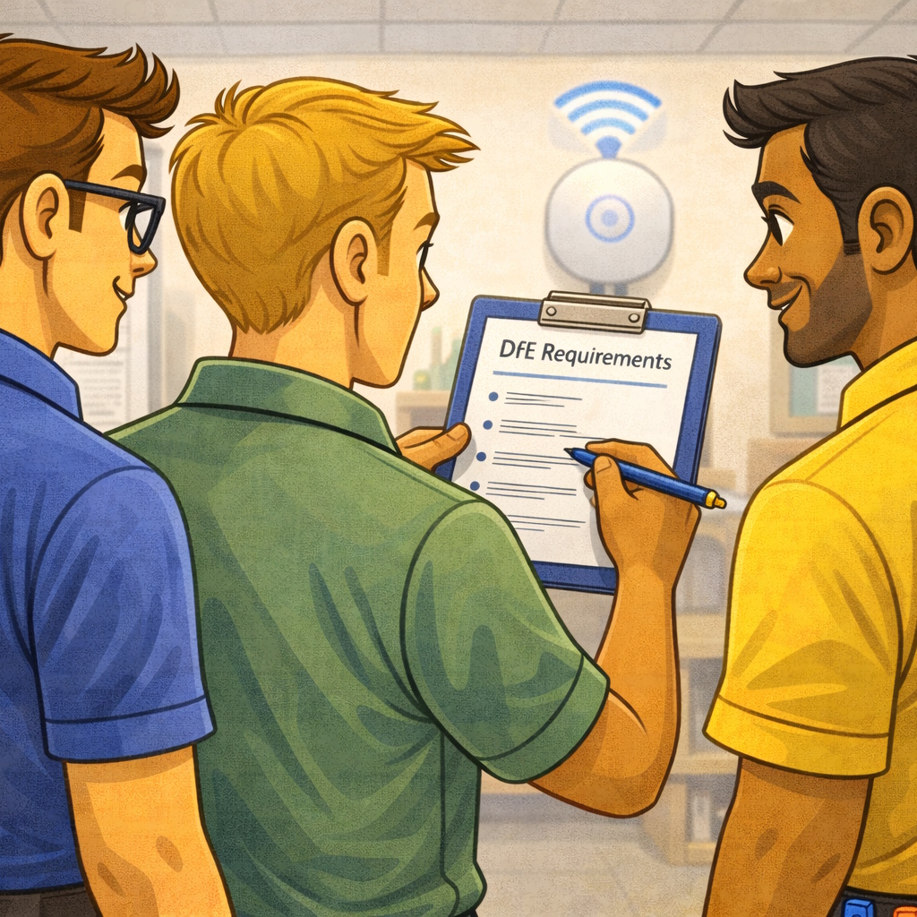 Technicians checking Department for Education Requirements cartoon style